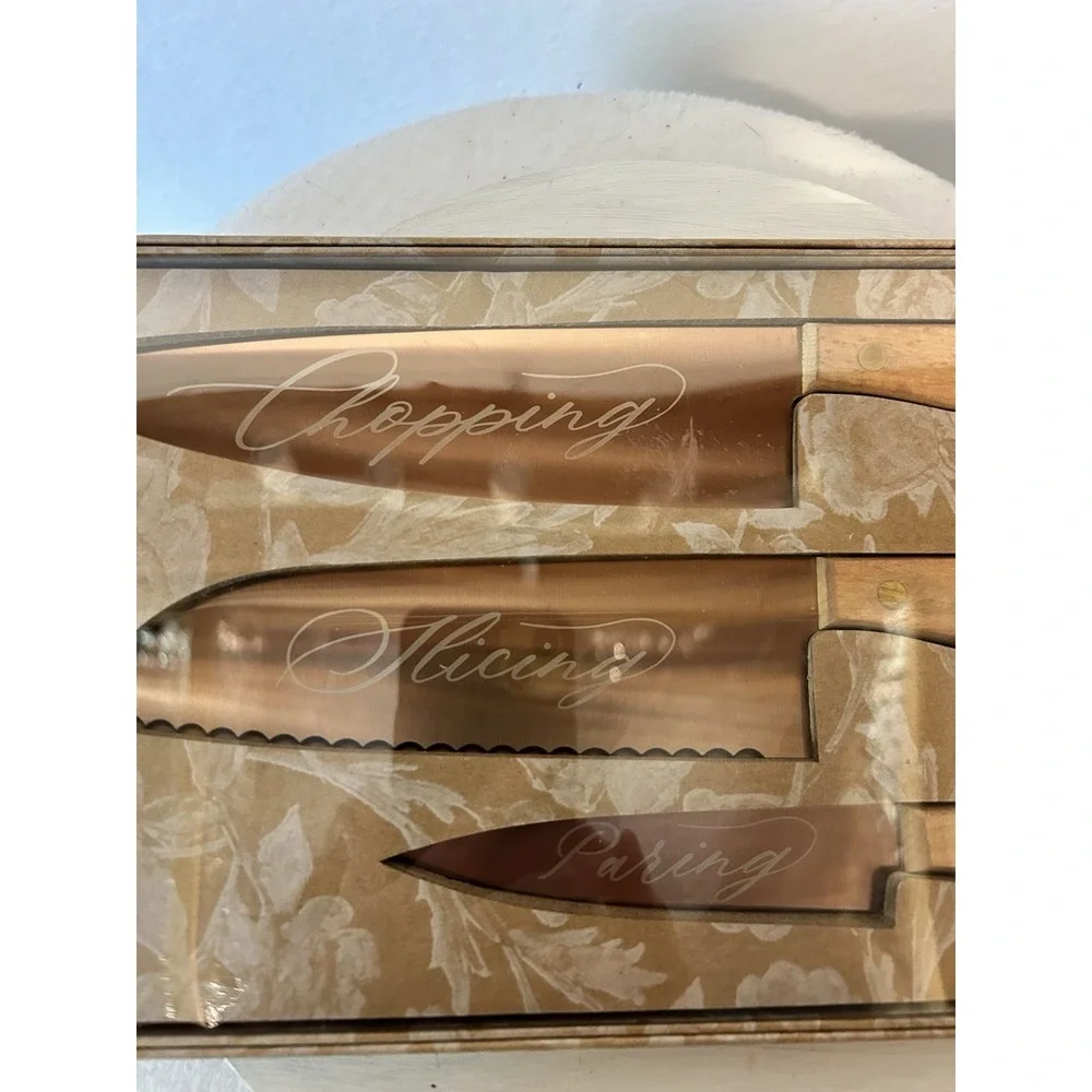 Handcrafted Copper & Beechwood Kitchen Knives Set of 3 Chopping Slicing Paring